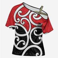 New Zealand Cross Shoulder Shirt Maori Koru Tino Rangatiratanga Color LT14 Female Red - Polynesian Pride