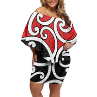 New Zealand Off Shoulder Short Dress Maori Koru Tino Rangatiratanga Color LT14 Women Red - Polynesian Pride