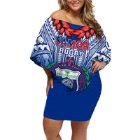 Custom Samoa Rugby Family Matching Off Shoulder Short Dress and Hawaiian Shirt 2023 Go Manu Samoa With Ula Fala Style LT14 Mom's Dress Blue - Polynesian Pride