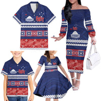 Personalised FAST Samoa Siapo Family Matching Off The Shoulder Long Sleeve Dress and Hawaiian Shirt Teuila Flowers Samoan Pattern LT14 - Polynesian Pride