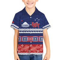 Personalised FAST Samoa Siapo Family Matching Off The Shoulder Long Sleeve Dress and Hawaiian Shirt Teuila Flowers Samoan Pattern LT14 Son's Shirt Blue - Polynesian Pride