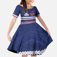 Personalised FAST Samoa Siapo Family Matching Short Sleeve Bodycon Dress and Hawaiian Shirt Teuila Flowers Samoan Pattern LT14 Daughter's Dress Blue - Polynesian Pride