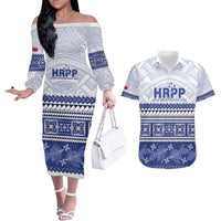 Personalised HRPP Samoa Siapo Couples Matching Off The Shoulder Long Sleeve Dress and Hawaiian Shirt Teuila Flowers Samoan Pattern LT14 White - Polynesian Pride