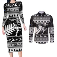 New Zealand Christmas Rugby Personalised Couples Matching Long Sleeve Bodycon Dress and Long Sleeve Button Shirt Meri Kirihimete All Black Maori LT14 Black - Polynesian Pride
