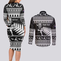 New Zealand Christmas Rugby Personalised Couples Matching Long Sleeve Bodycon Dress and Long Sleeve Button Shirt Meri Kirihimete All Black Maori LT14 - Polynesian Pride