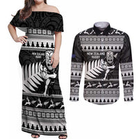 New Zealand Christmas Rugby Personalised Couples Matching Off Shoulder Maxi Dress and Long Sleeve Button Shirt Meri Kirihimete All Black Maori LT14 Black - Polynesian Pride