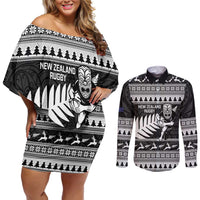 New Zealand Christmas Rugby Personalised Couples Matching Off Shoulder Short Dress and Long Sleeve Button Shirt Meri Kirihimete All Black Maori LT14 Black - Polynesian Pride