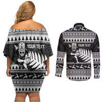 New Zealand Christmas Rugby Personalised Couples Matching Off Shoulder Short Dress and Long Sleeve Button Shirt Meri Kirihimete All Black Maori LT14 - Polynesian Pride