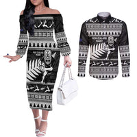 New Zealand Christmas Rugby Personalised Couples Matching Off The Shoulder Long Sleeve Dress and Long Sleeve Button Shirt Meri Kirihimete All Black Maori LT14 Black - Polynesian Pride