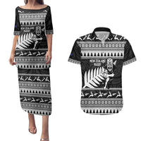New Zealand Christmas Rugby Personalised Couples Matching Puletasi and Hawaiian Shirt Meri Kirihimete All Black Maori LT14 Black - Polynesian Pride
