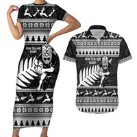 New Zealand Christmas Rugby Personalised Couples Matching Short Sleeve Bodycon Dress and Hawaiian Shirt Meri Kirihimete All Black Maori LT14 Black - Polynesian Pride