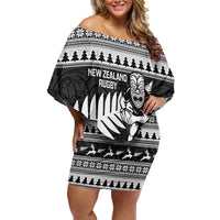 New Zealand Christmas Rugby Personalised Family Matching Off Shoulder Short Dress and Hawaiian Shirt Meri Kirihimete All Black Maori LT14 Mom's Dress Black - Polynesian Pride