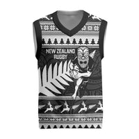New Zealand Christmas Rugby Personalised Christmas Knitted V-Neck Vest Meri Kirihimete All Black Maori LT14 Black - Polynesian Pride