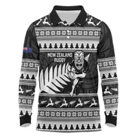 New Zealand Christmas Rugby Personalised Long Sleeve Polo Shirt Meri Kirihimete All Black Maori LT14 Black - Polynesian Pride