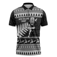 New Zealand Christmas Rugby Personalised Zipper Polo Shirt Meri Kirihimete All Black Maori LT14 Black - Polynesian Pride