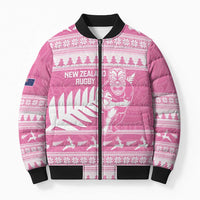 New Zealand Christmas Rugby Personalised Bomber Puffer Jacket Meri Kirihimete All Black Maori Pink Version LT14 Unisex Pink - Polynesian Pride