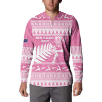 New Zealand Christmas Rugby Personalised Button Sweatshirt Meri Kirihimete All Black Maori Pink Version LT14 - Polynesian Pride