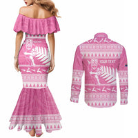 New Zealand Christmas Rugby Personalised Couples Matching Mermaid Dress and Long Sleeve Button Shirt Meri Kirihimete All Black Maori Pink Version LT14 - Polynesian Pride
