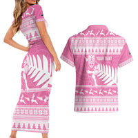 New Zealand Christmas Rugby Personalised Couples Matching Short Sleeve Bodycon Dress and Hawaiian Shirt Meri Kirihimete All Black Maori Pink Version LT14 - Polynesian Pride