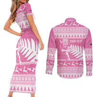 New Zealand Christmas Rugby Personalised Couples Matching Short Sleeve Bodycon Dress and Long Sleeve Button Shirt Meri Kirihimete All Black Maori Pink Version LT14 - Polynesian Pride