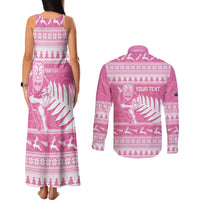 New Zealand Christmas Rugby Personalised Couples Matching Tank Maxi Dress and Long Sleeve Button Shirt Meri Kirihimete All Black Maori Pink Version LT14 - Polynesian Pride