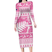 New Zealand Christmas Rugby Personalised Family Matching Long Sleeve Bodycon Dress and Hawaiian Shirt Meri Kirihimete All Black Maori Pink Version LT14 Mom's Dress Pink - Polynesian Pride