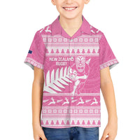New Zealand Christmas Rugby Personalised Family Matching Off The Shoulder Long Sleeve Dress and Hawaiian Shirt Meri Kirihimete All Black Maori Pink Version LT14 Son's Shirt Pink - Polynesian Pride