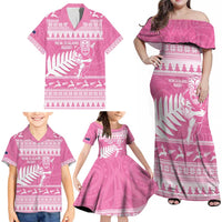 New Zealand Christmas Rugby Personalised Family Matching Off Shoulder Maxi Dress and Hawaiian Shirt Meri Kirihimete All Black Maori Pink Version LT14 - Polynesian Pride