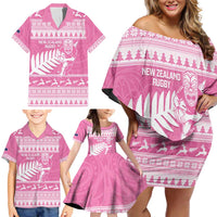 New Zealand Christmas Rugby Personalised Family Matching Off Shoulder Short Dress and Hawaiian Shirt Meri Kirihimete All Black Maori Pink Version LT14 - Polynesian Pride