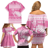 New Zealand Christmas Rugby Personalised Family Matching Off Shoulder Short Dress and Hawaiian Shirt Meri Kirihimete All Black Maori Pink Version LT14 - Polynesian Pride