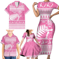 New Zealand Christmas Rugby Personalised Family Matching Short Sleeve Bodycon Dress and Hawaiian Shirt Meri Kirihimete All Black Maori Pink Version LT14 - Polynesian Pride