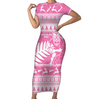 New Zealand Christmas Rugby Personalised Family Matching Short Sleeve Bodycon Dress and Hawaiian Shirt Meri Kirihimete All Black Maori Pink Version LT14 Mom's Dress Pink - Polynesian Pride