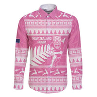New Zealand Christmas Rugby Personalised Family Matching Summer Maxi Dress and Hawaiian Shirt Meri Kirihimete All Black Maori Pink Version LT14 Dad's Shirt - Long Sleeve Pink - Polynesian Pride
