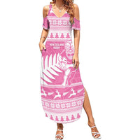 New Zealand Christmas Rugby Personalised Family Matching Summer Maxi Dress and Hawaiian Shirt Meri Kirihimete All Black Maori Pink Version LT14 Mom's Dress Pink - Polynesian Pride