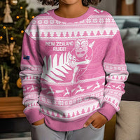 New Zealand Christmas Rugby Personalised Kid Ugly Christmas Sweater Meri Kirihimete All Black Maori Pink Version LT14 - Polynesian Pride