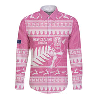 New Zealand Christmas Rugby Personalised Long Sleeve Button Shirt Meri Kirihimete All Black Maori Pink Version LT14 Unisex Pink - Polynesian Pride