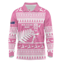 New Zealand Christmas Rugby Personalised Long Sleeve Polo Shirt Meri Kirihimete All Black Maori Pink Version LT14 Pink - Polynesian Pride