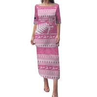 New Zealand Christmas Rugby Personalised Puletasi Meri Kirihimete All Black Maori Pink Version LT14 Long Dress Pink - Polynesian Pride
