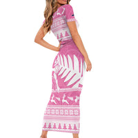 New Zealand Christmas Rugby Personalised Short Sleeve Bodycon Dress Meri Kirihimete All Black Maori Pink Version LT14 - Polynesian Pride