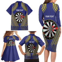 Personalised Niue Darts Family Matching Long Sleeve Bodycon Dress and Hawaiian Shirt Dart Board Hiapo Pattern LT14 - Polynesian Pride