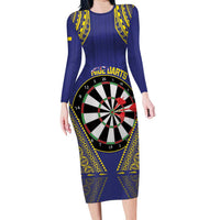 Personalised Niue Darts Family Matching Long Sleeve Bodycon Dress and Hawaiian Shirt Dart Board Hiapo Pattern LT14 Mom's Dress Blue - Polynesian Pride