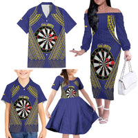 Personalised Niue Darts Family Matching Off The Shoulder Long Sleeve Dress and Hawaiian Shirt Dart Board Hiapo Pattern LT14 - Polynesian Pride