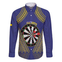 Personalised Niue Darts Family Matching Summer Maxi Dress and Hawaiian Shirt Dart Board Hiapo Pattern LT14 Dad's Shirt - Long Sleeve Blue - Polynesian Pride