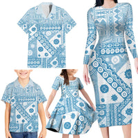 Blue Bula Fiji Family Matching Long Sleeve Bodycon Dress and Hawaiian Shirt Unique Masi Tapa Pattern LT14 - Polynesian Pride