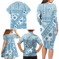 Blue Bula Fiji Family Matching Long Sleeve Bodycon Dress and Hawaiian Shirt Unique Masi Tapa Pattern LT14 - Polynesian Pride