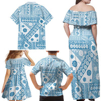 Blue Bula Fiji Family Matching Off Shoulder Maxi Dress and Hawaiian Shirt Unique Masi Tapa Pattern LT14 - Polynesian Pride