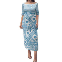 Blue Bula Fiji Family Matching Puletasi and Hawaiian Shirt Unique Masi Tapa Pattern