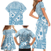 Blue Bula Fiji Family Matching Short Sleeve Bodycon Dress and Hawaiian Shirt Unique Masi Tapa Pattern LT14 - Polynesian Pride