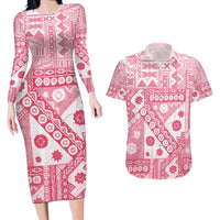 Pink Bula Fiji Couples Matching Long Sleeve Bodycon Dress and Hawaiian Shirt Unique Masi Tapa Pattern LT14 Pink - Polynesian Pride