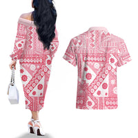 Pink Bula Fiji Couples Matching Off The Shoulder Long Sleeve Dress and Hawaiian Shirt Unique Masi Tapa Pattern LT14 - Polynesian Pride